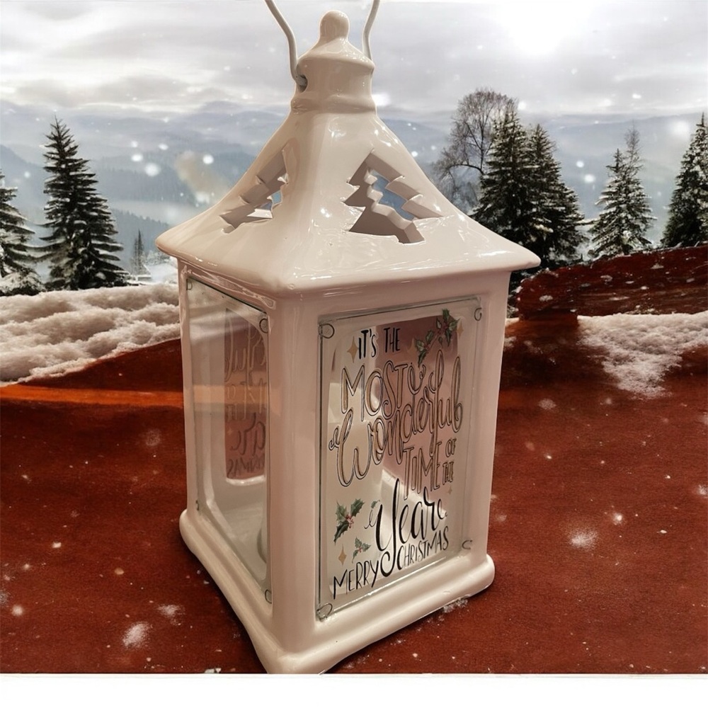 Christmas lantern 9” lighted metal, glass, ceramic with cut out tree design,